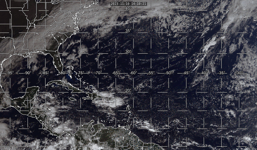 This loop of true color visible satellite imagery shows a general lack of activity over the tropical Atlantic with only two areas of disorganized thunderstorms.