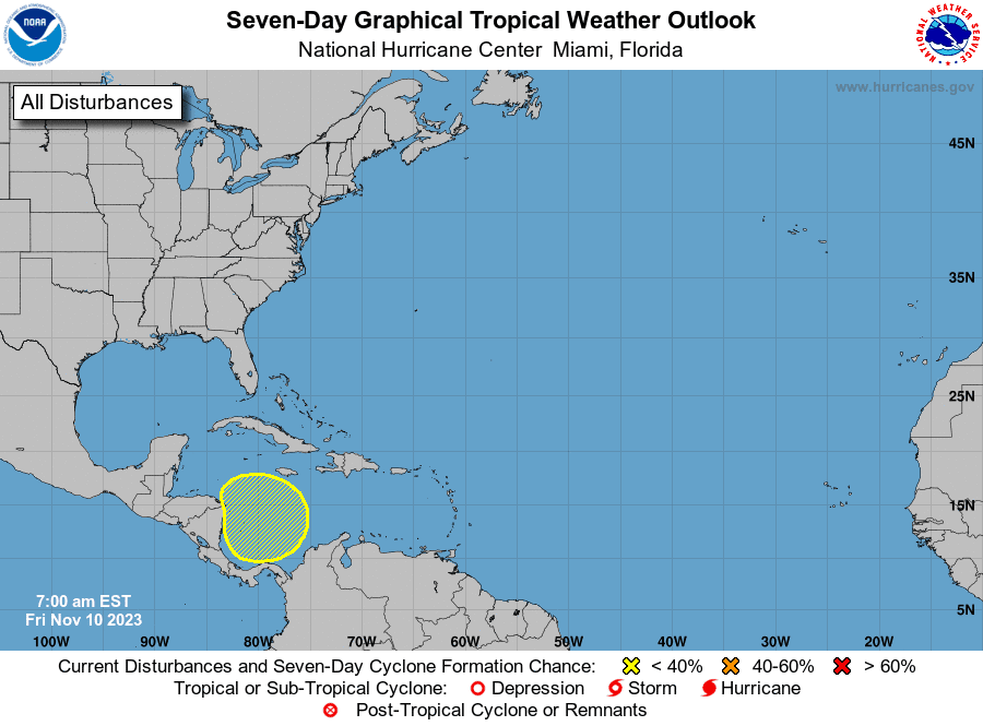 The NHC Tropical Weather Outlook graphic from 7 a.m. EST Friday, indicating a low chance for a tropical cyclone to form over the southwestern Caribbean Sea over the next seven days..