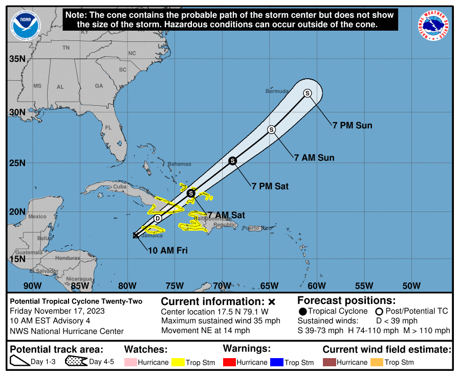 NHC's forecast for Potential Tropical Cyclone Twenty-Two takes it to the northeast from its current location centered near Jamaica.