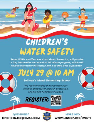 LENS Children's water safety program - July 29 flyer with QR code
