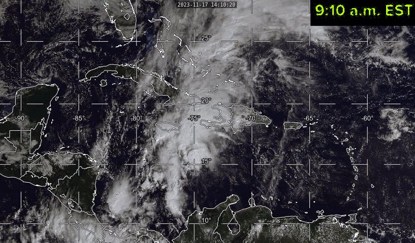 This loop of true-color satellite images from this morning show the disorganized collection of thunderstorms that is Potential Tropical Cyclone 22.
