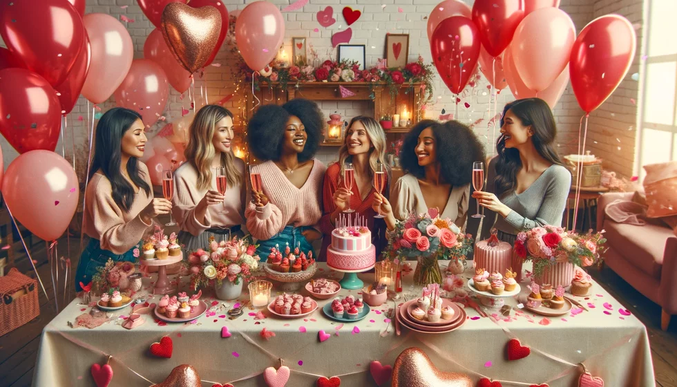 DALL·E 2024-02-07 15.42.05 - A festive and colorful scene capturing the spirit of Galentine's Day. The image features a group of diverse women gathered around a beautifully decora.webp